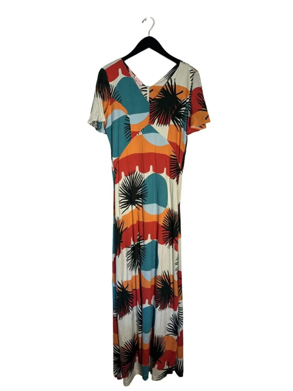 Bohemian Maxi Dress With Short Sleeves & V-Neckline Vibrant Multicolor Size M - Picture 3 of 13